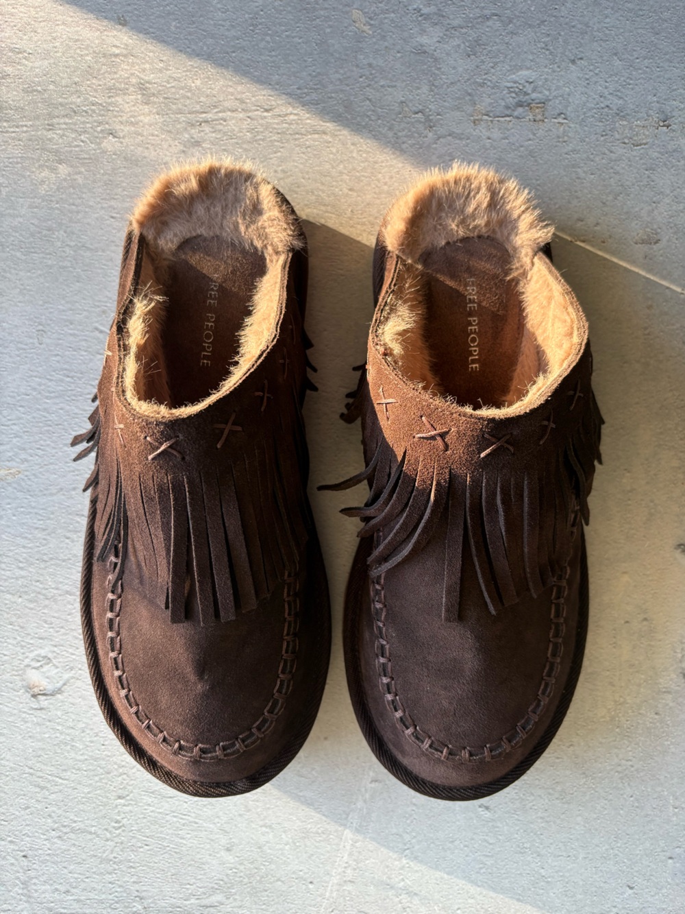 Free People Dark Brown Suede Fringe Faux-Fur Lined Mule Slippers, Size 8.5